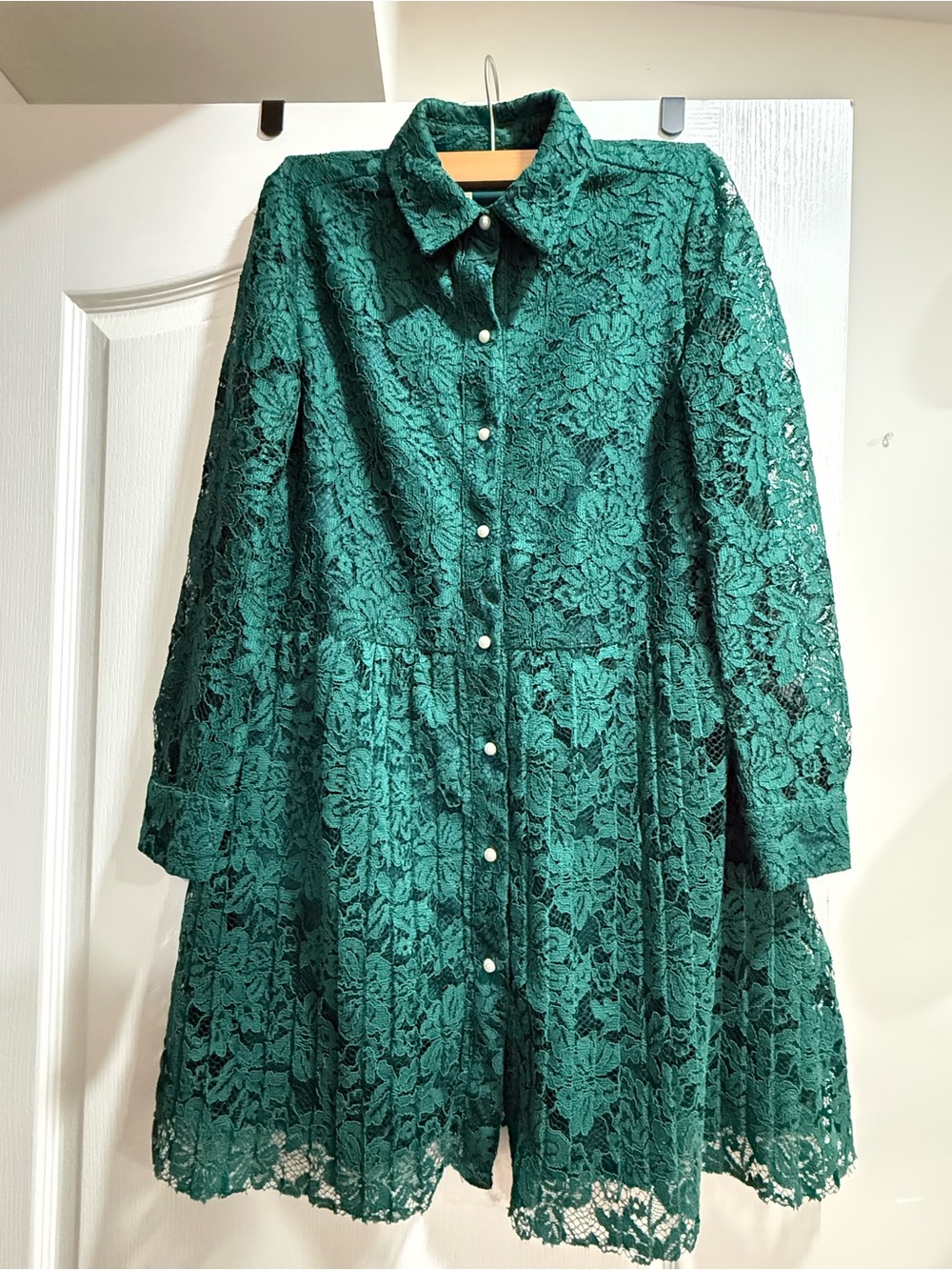 Zara Emerald Green Lace Midi Dress with Pearl Buttons